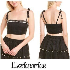 LETARTE EMBELLISHED LINEN CROP TOP tie straps metal smocked